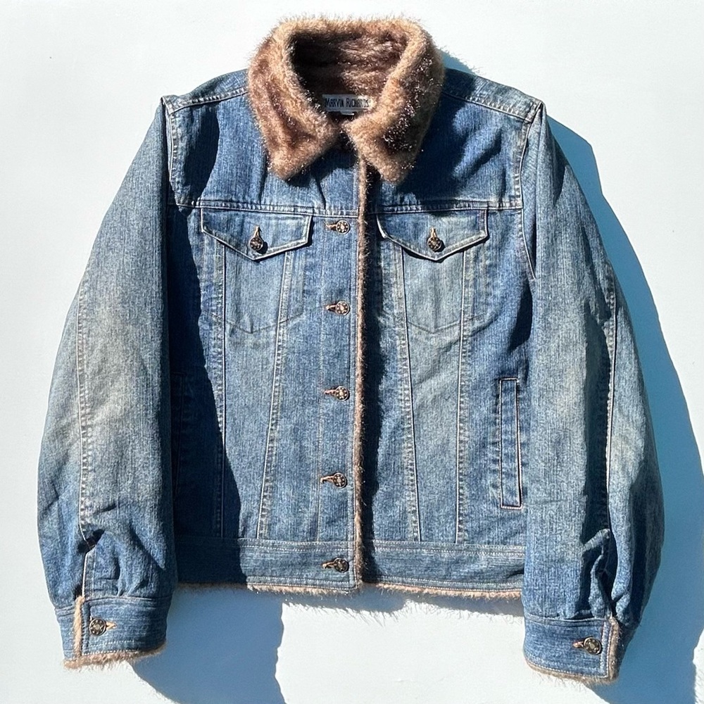 Vintage Marvin Richards Blue Denim Jacket Faux Fur Lined Coat Size Women’s Large
